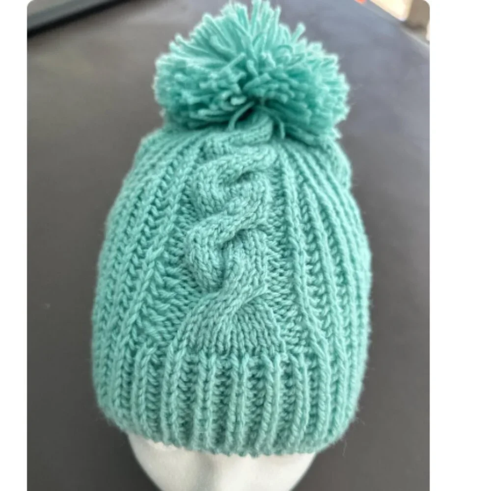 Hand-Knitted Winter Hat with Pom-Pom – Soft Blue Cable Beanie